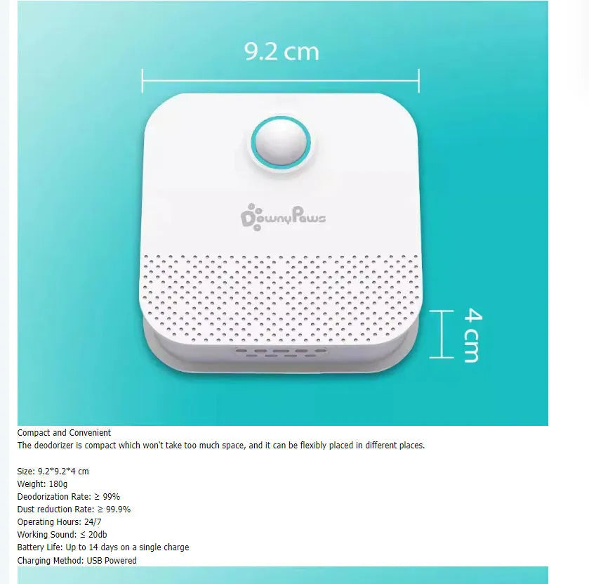 White square DownyPaws smart cat litter odour purifier with compact 9.2 cm dimensions.
