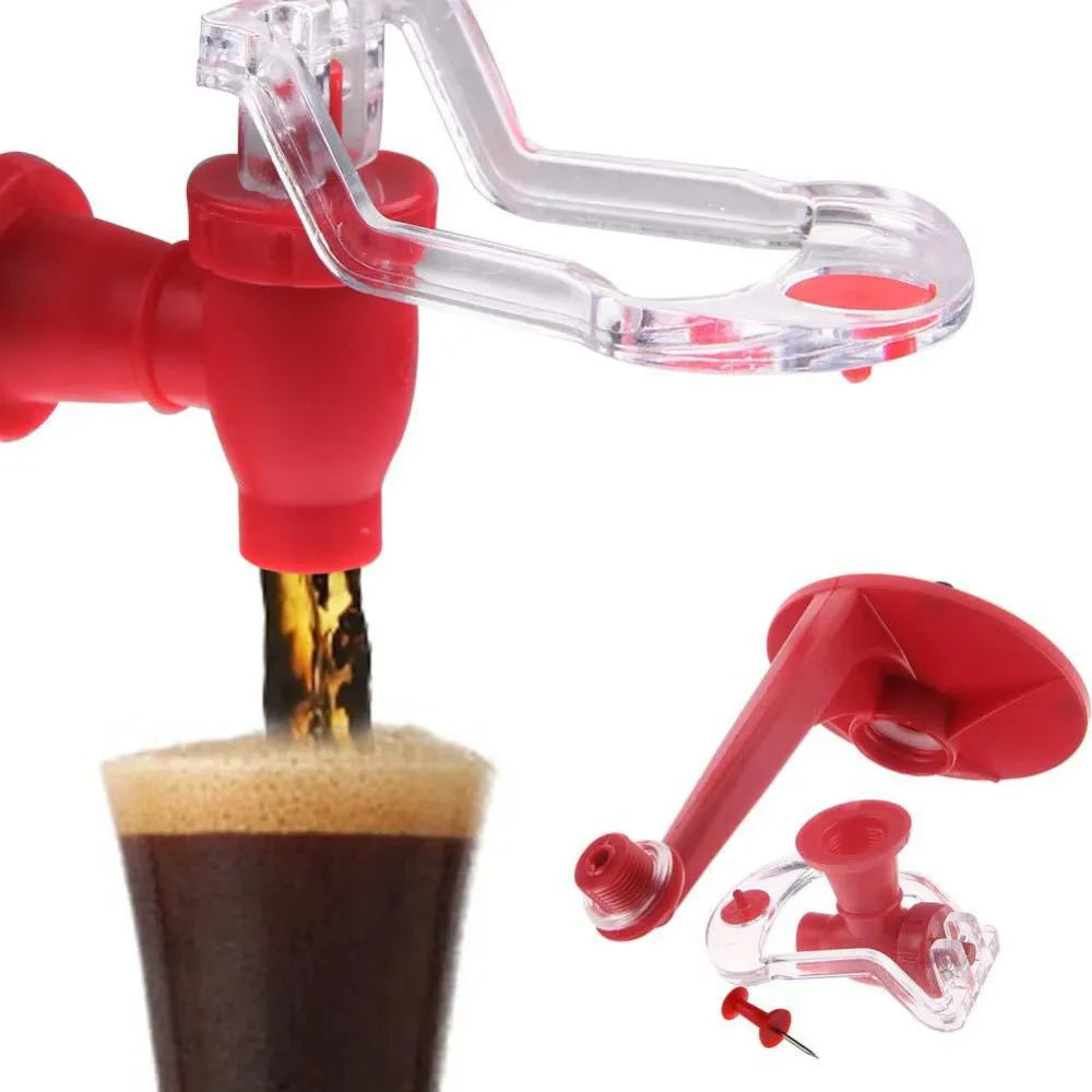 Red Magic Tap soda bottle dispenser with push button, 15cm tall