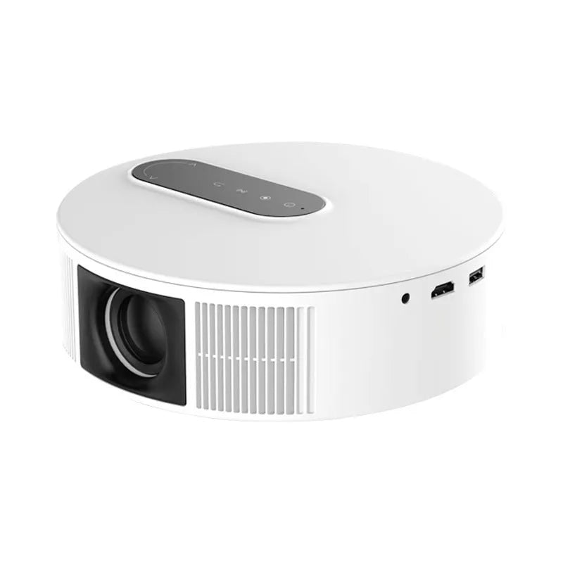 White 720p HD home theatre projector with remote control on a table