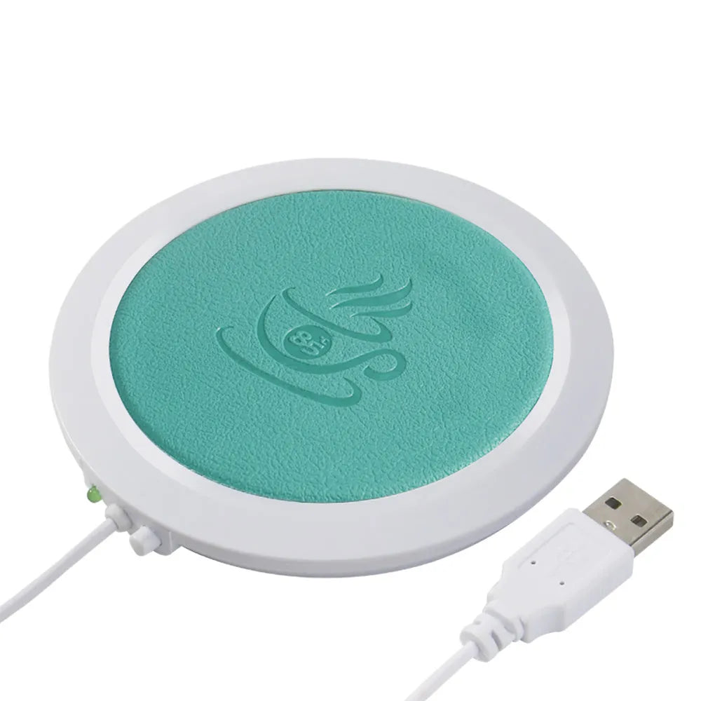 USB-powered insulated heating coaster for mugs in black, blue, and orange colour options.