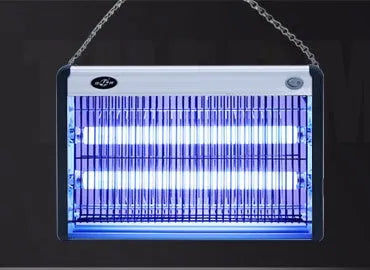 Indoor electric mosquito killing lamp with UV light and electric grid for fly and insect control.