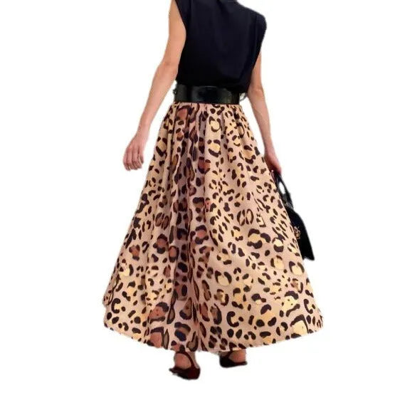 Brown leopard print women's A-line skirt with big hem design in long length