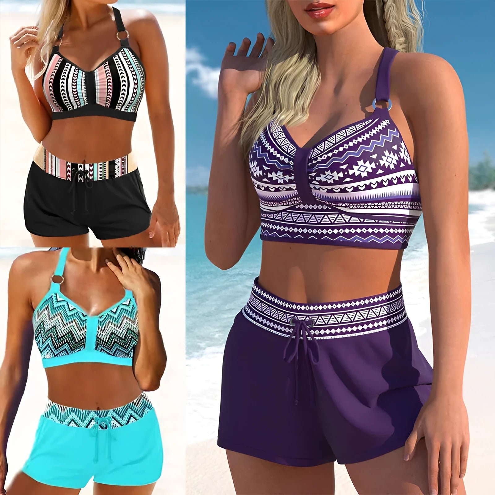 Women's two-piece polyester bikini swimsuit in a print pattern, shown on a mannequin.