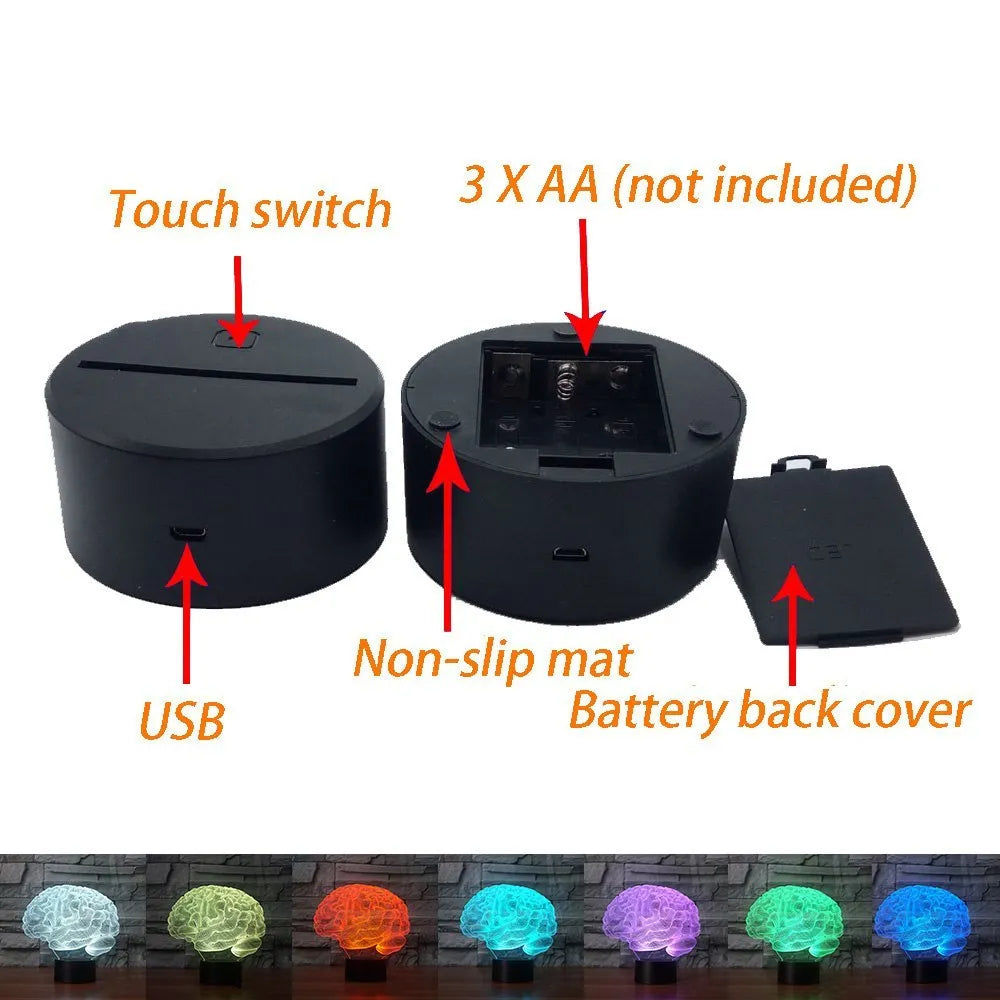 3D brain illusion LED desk lamp with remote control showing colourful wall projections