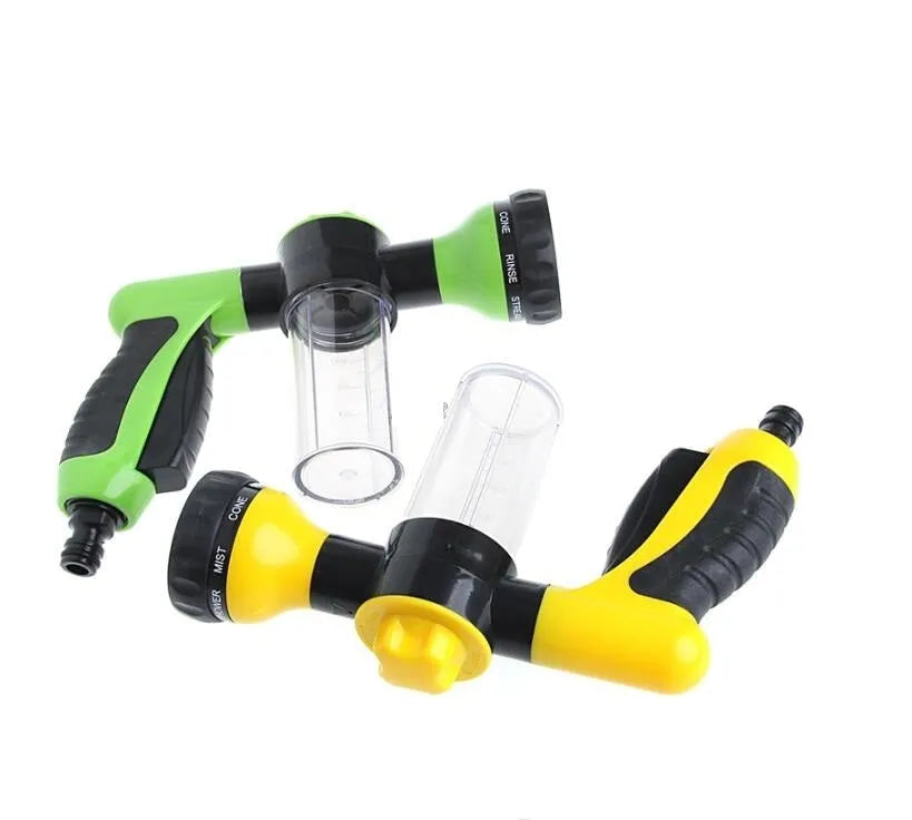 Green high-pressure foam spray gun with adjustable nozzle for car washing and household cleaning tasks