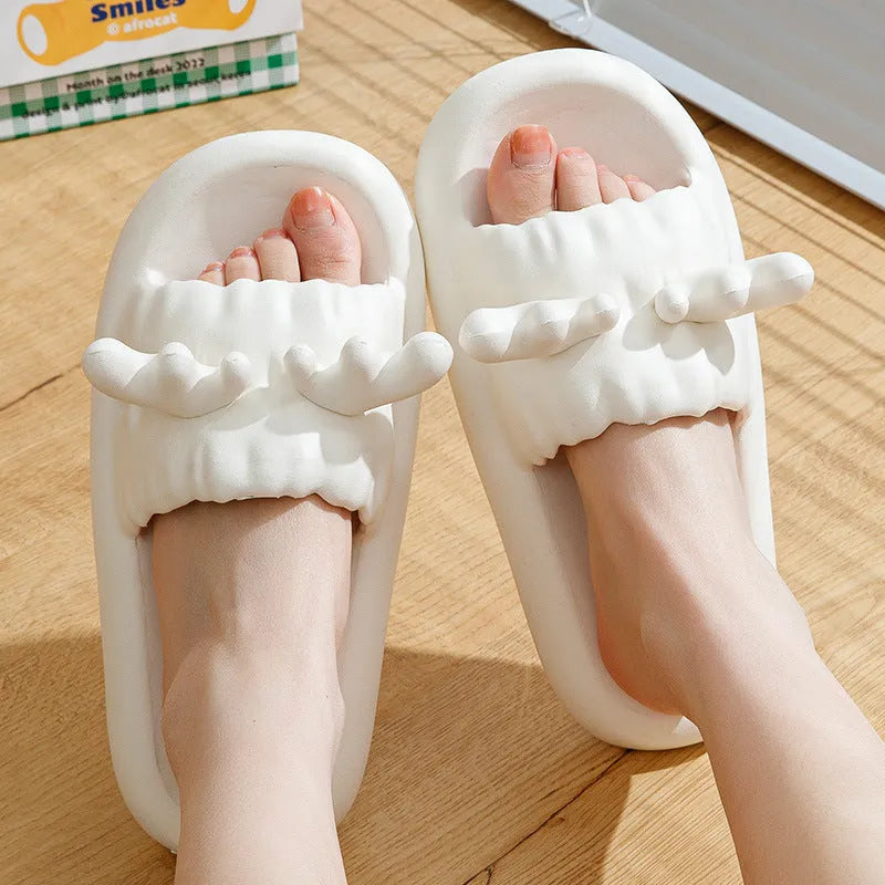 Women's deer horn design EVA flip flop slippers in white, light yellow, green, or dark grey with non-slip soles
