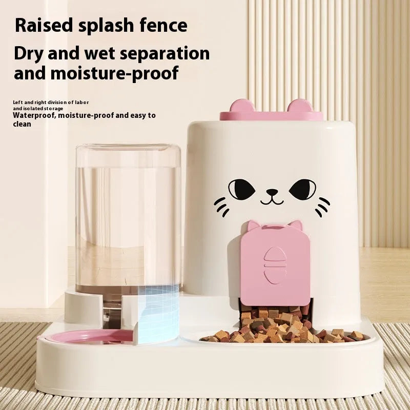 PP plastic cat feeder with integrated water and grain compartments in gray cat face design