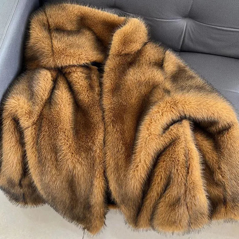 Women's silver grey artificial fur coat with loose fit and 65cm mid-length cut