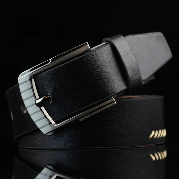 Men's retro-style imitation leather belt with pattern and alloy pin buckle, shown in black.