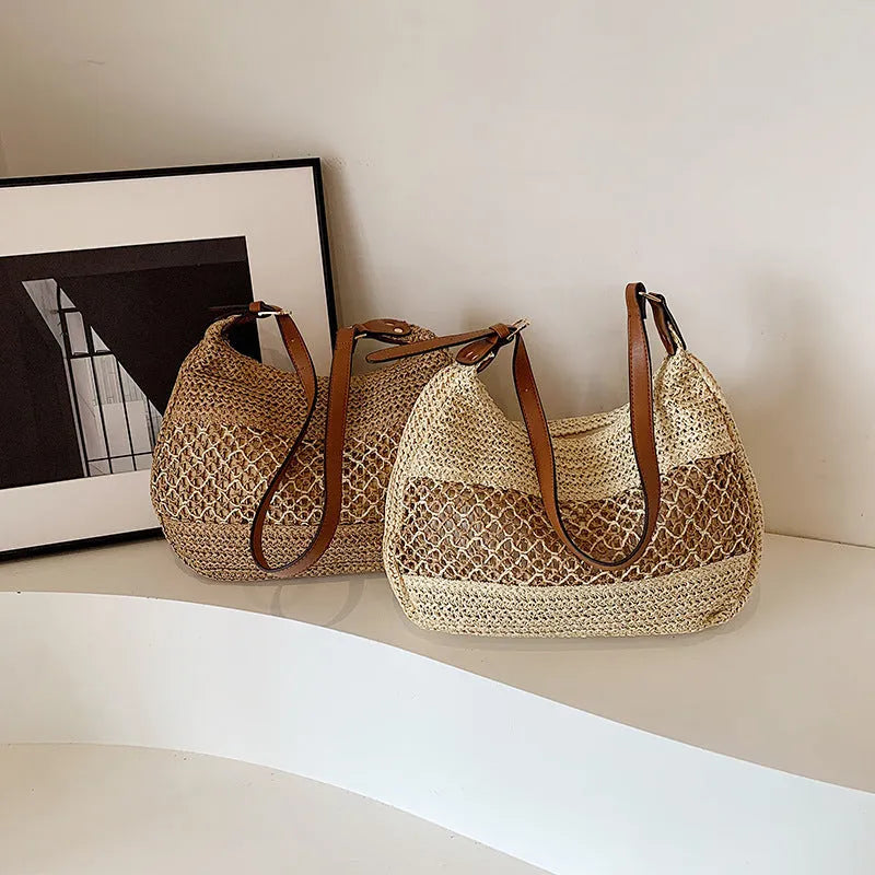Women's straw cross body bag with sandwich pocket in khaki colour horizontal square shape