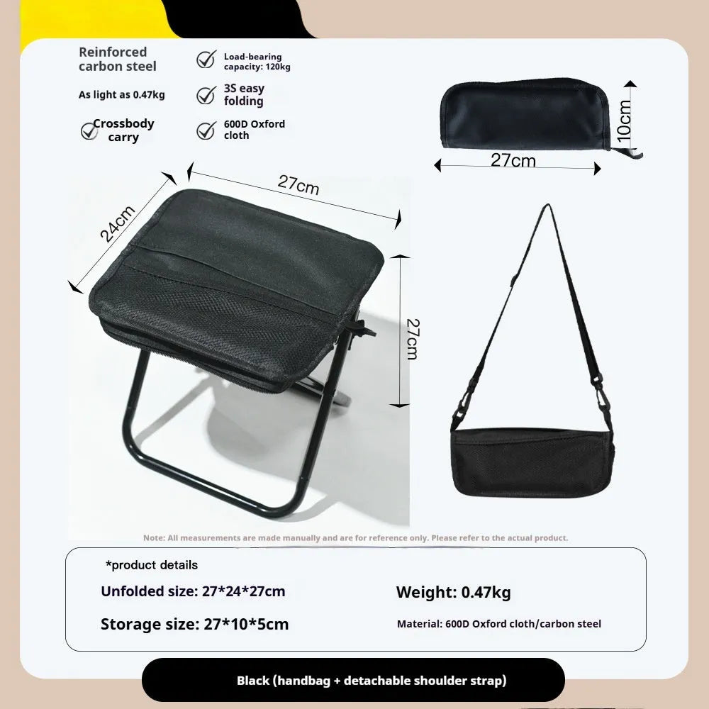 Folding camp chair stool in Oxford cloth fabric showing pencil box design and colour options