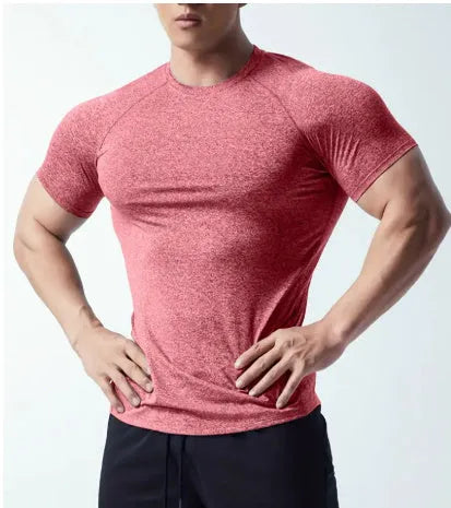 Men's black stretch polyester quick-drying short sleeve T-shirt with round neck