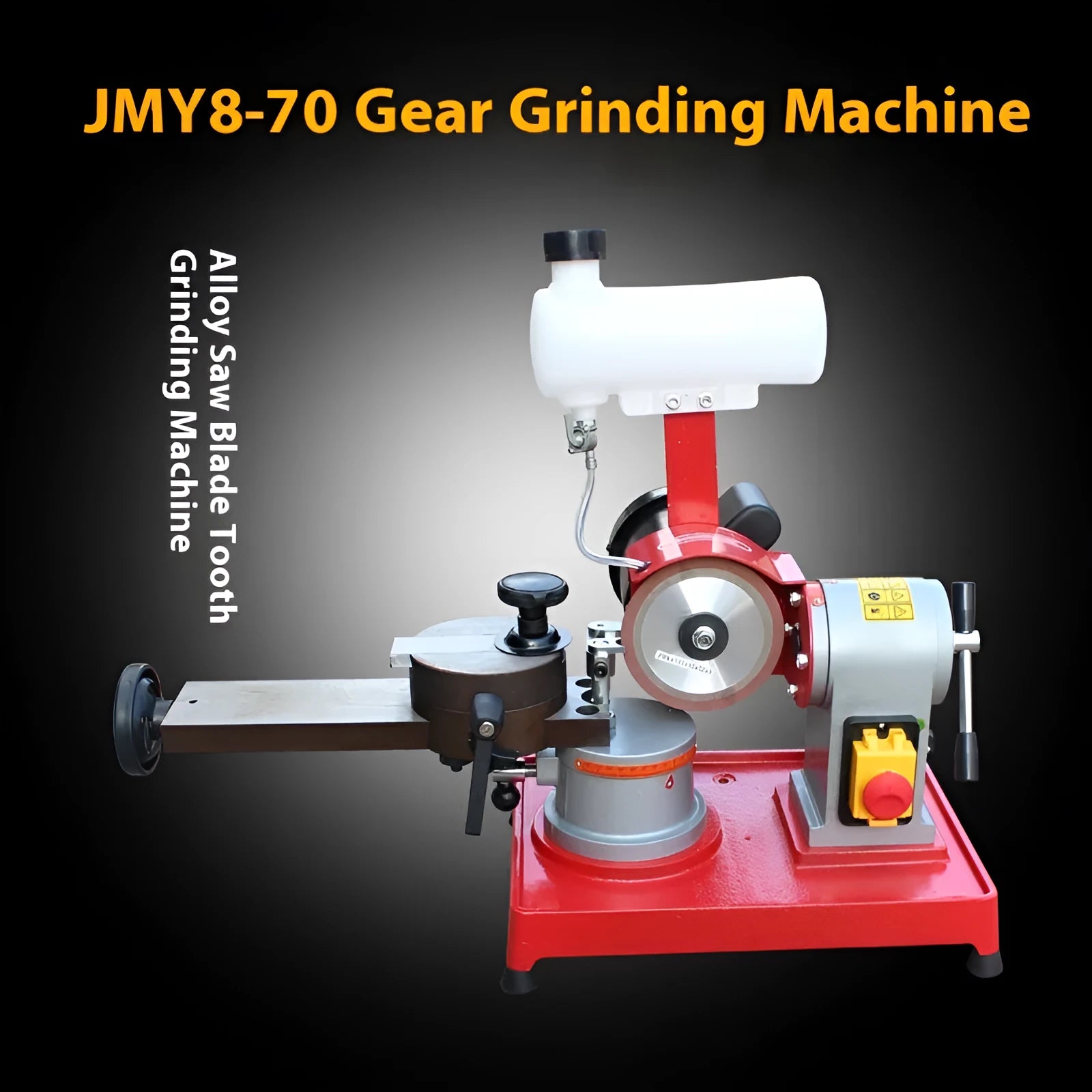 Manual sharpedge grinding machine for woodworking saw blades on a workshop bench.