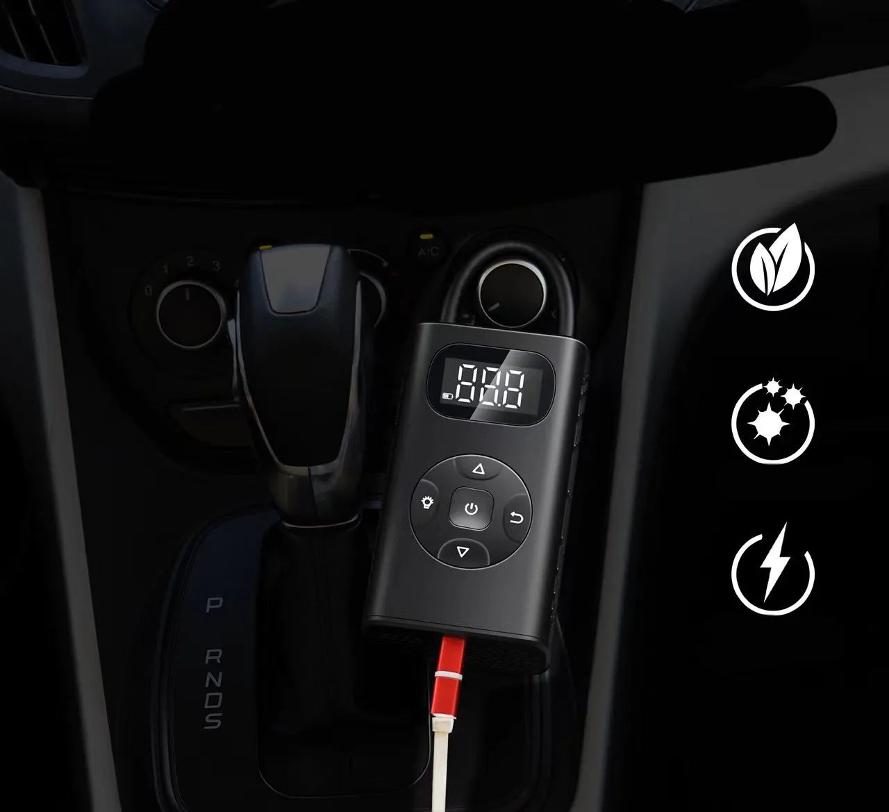 Black portable digital tyre inflator with power bank, USB cable, and 16cm tube on a grey background.