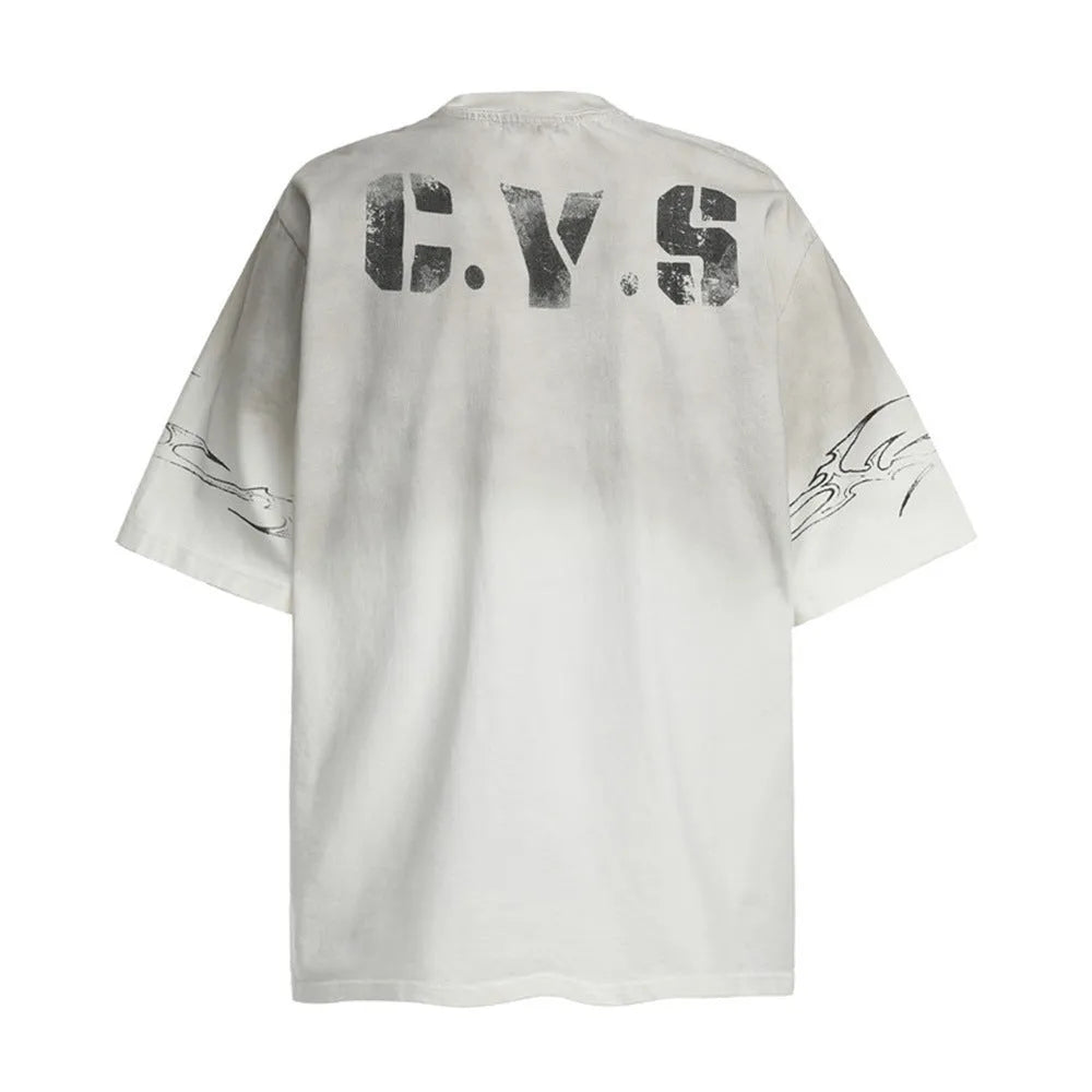 Men's black and white pure cotton short-sleeved printed t-shirt shown on size chart.