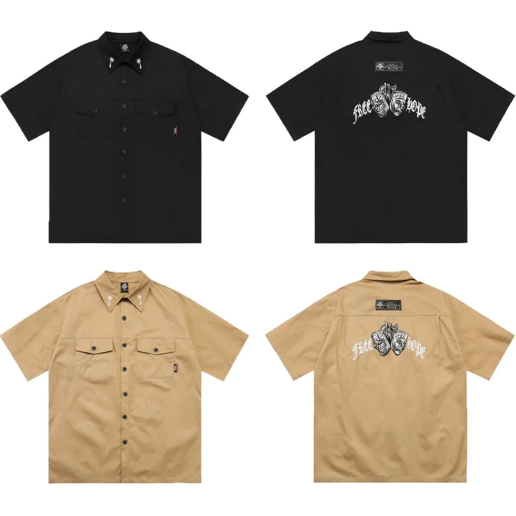 Men's black cotton blend loose fit shirt with half sleeves and embroidered detail.