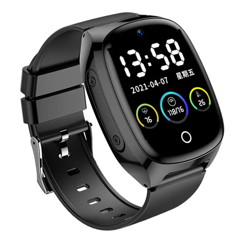 Black GPS smartwatch with touch screen showing location map and SOS button