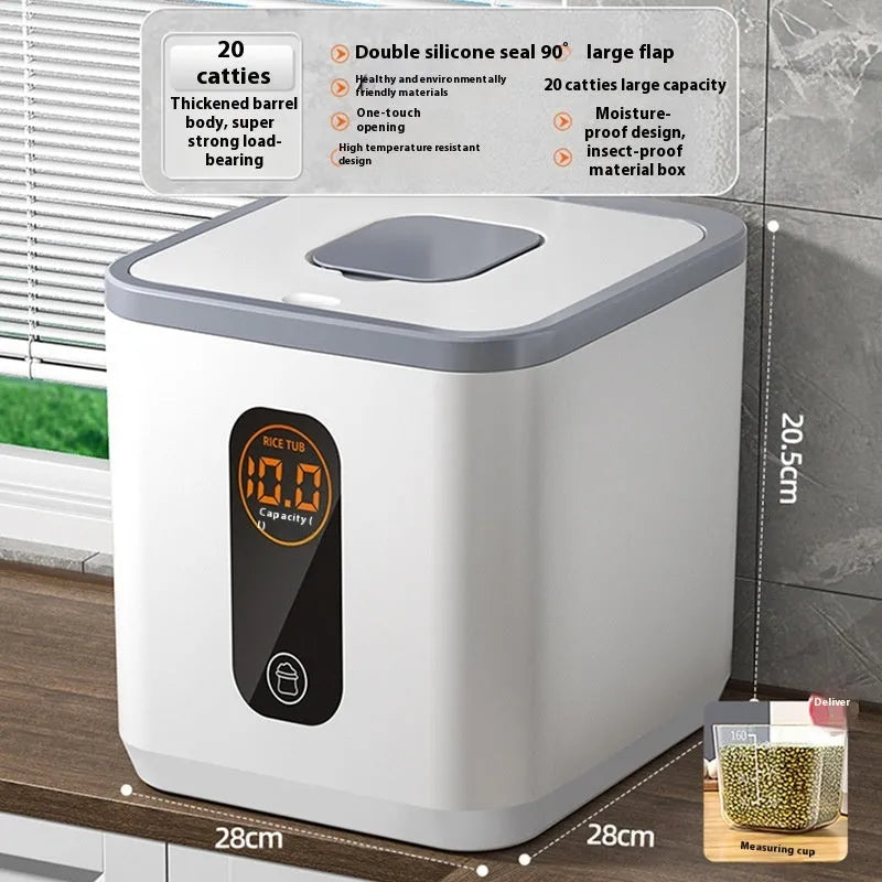 Grey plastic sealed rice storage jar with a lid and a measuring cup, shown in different capacity sizes.