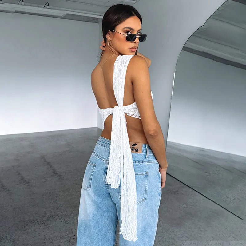 Women's lace backless vest with asymmetrical neckline in slim fit street hipster style