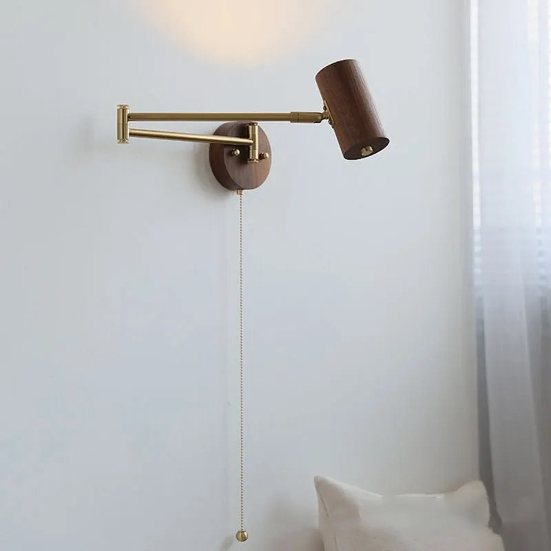 Retro wooden and iron rotating wall lamp with adjustable long-arm spotlight and ribbon zipper switch