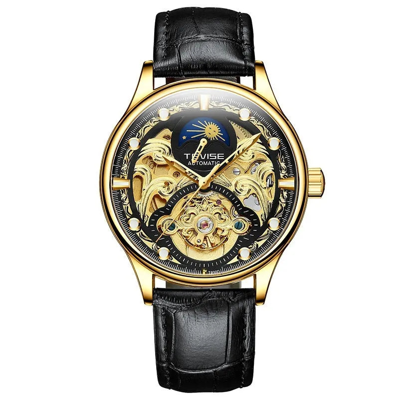 Men's gold leather strap mechanical watch with automatic movement and waterproof construction