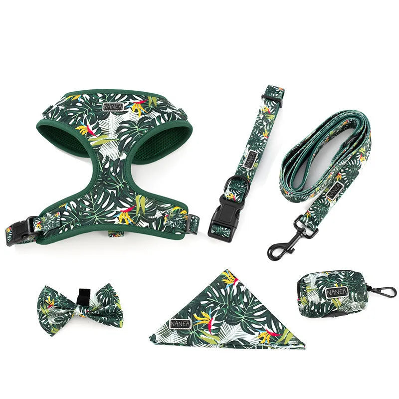 Adjustable cloth pet harness vest with haulage rope, collar, bow tie, triangular scarf, and waste bag in six-piece set
