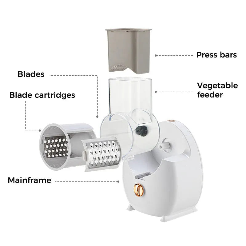 White electric vegetable slicer with rotary grater and suction base on kitchen counter