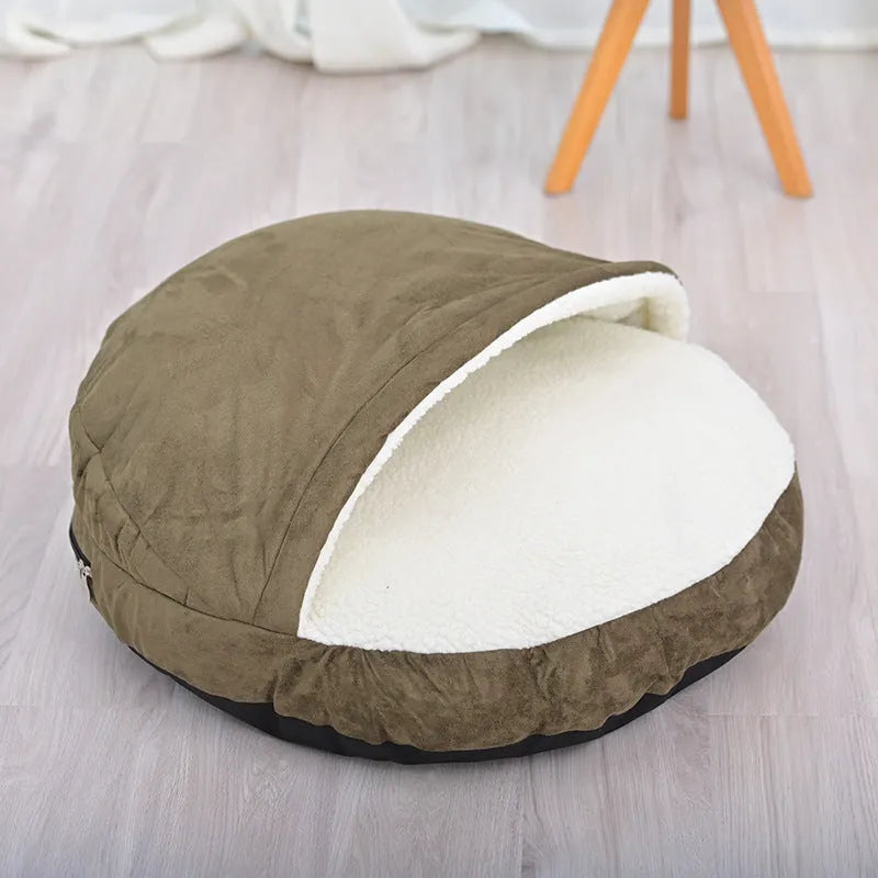 Brown and grey removable cloth dog kennel showing S and M size options for indoor pet use