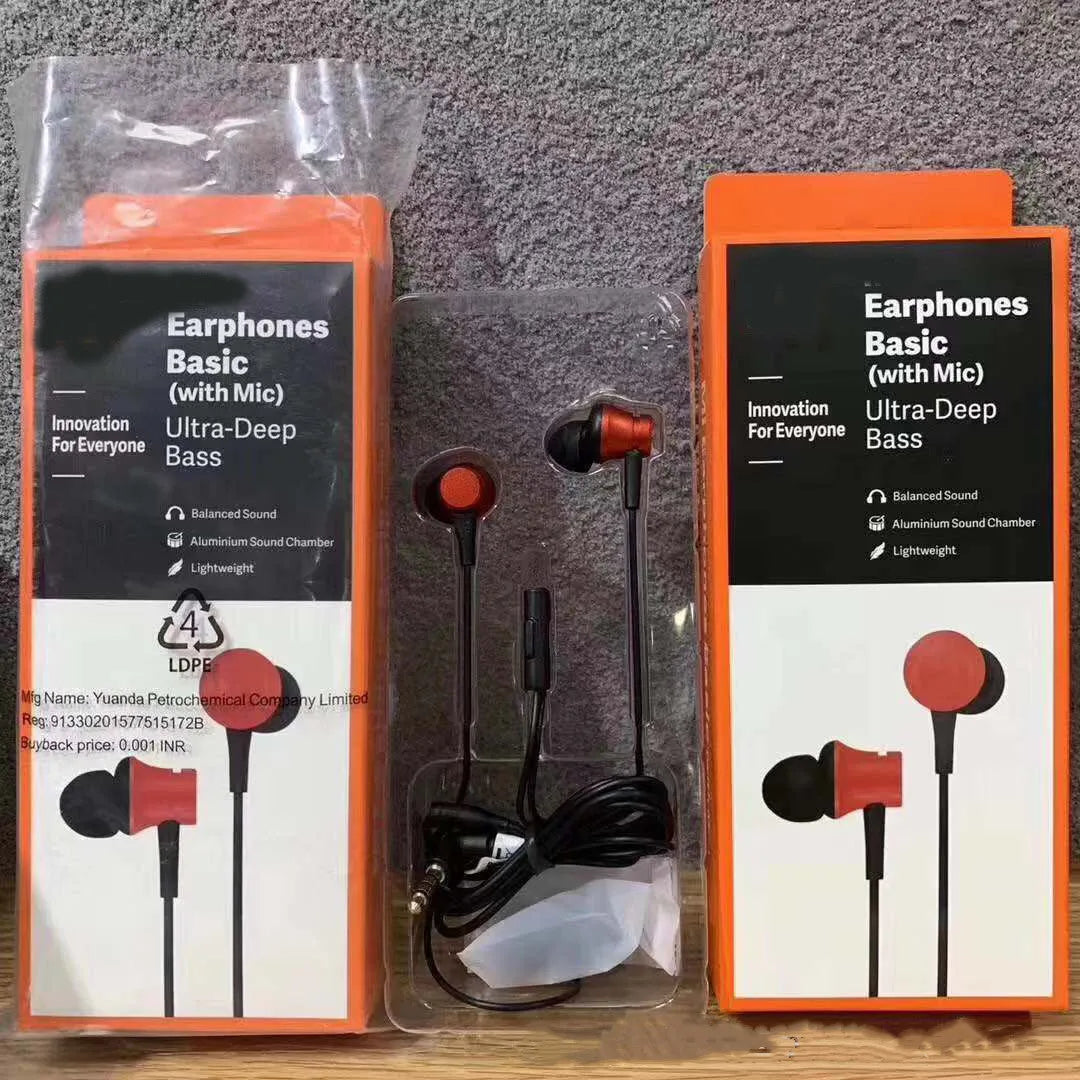 Black, blue, and red wired in-ear headphones showing their 3.5mm audio plug.