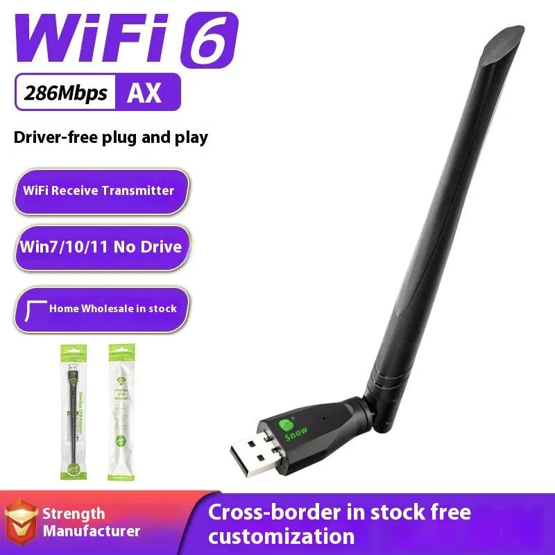 Black USB WiFi 6 wireless network card adapter for desktop PC and laptop connectivity.