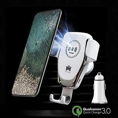 Black car wireless charger mounted on vehicle ventilation hole showing iPhone in automatic clamping mechanism