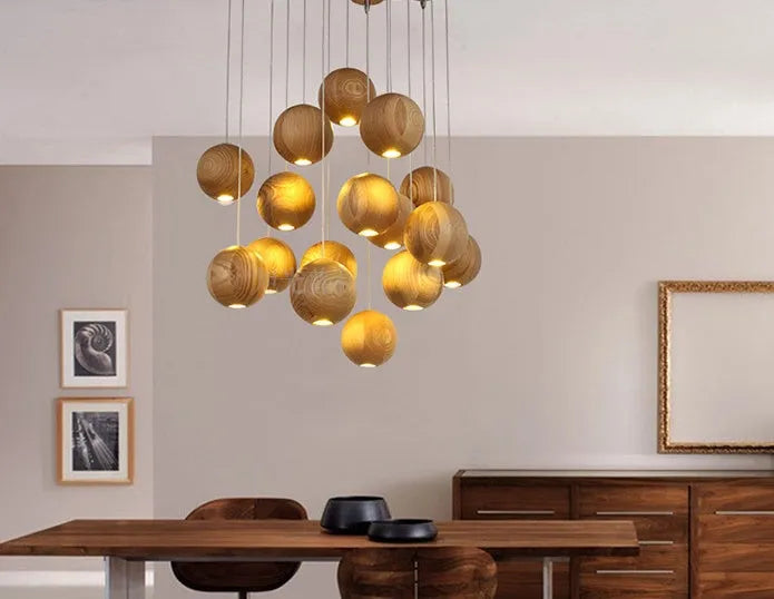 Nordic solid wood ball chandelier hanging lamp with adjustable height