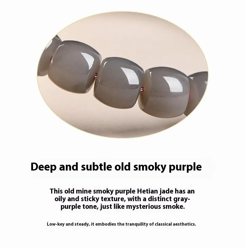 Natural smokey violet Hetian jade beaded bracelet with straight-cut 8x9mm polished beads.