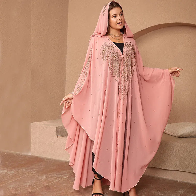 Purple Muslim style chiffon cape shawl with rhinestone beading showing length and decorative detail