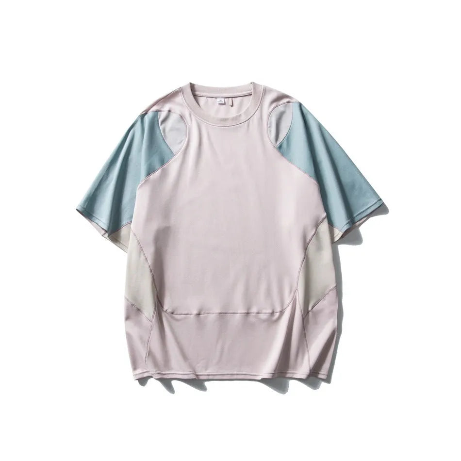 Men's loose fit patchwork contrast colour cotton blend T-shirt with raglan short sleeves