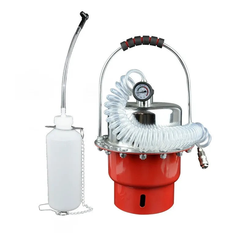 Pneumatic brake fluid replacement machine with large tank, pressure gauge, and regulator on a metal chassis.
