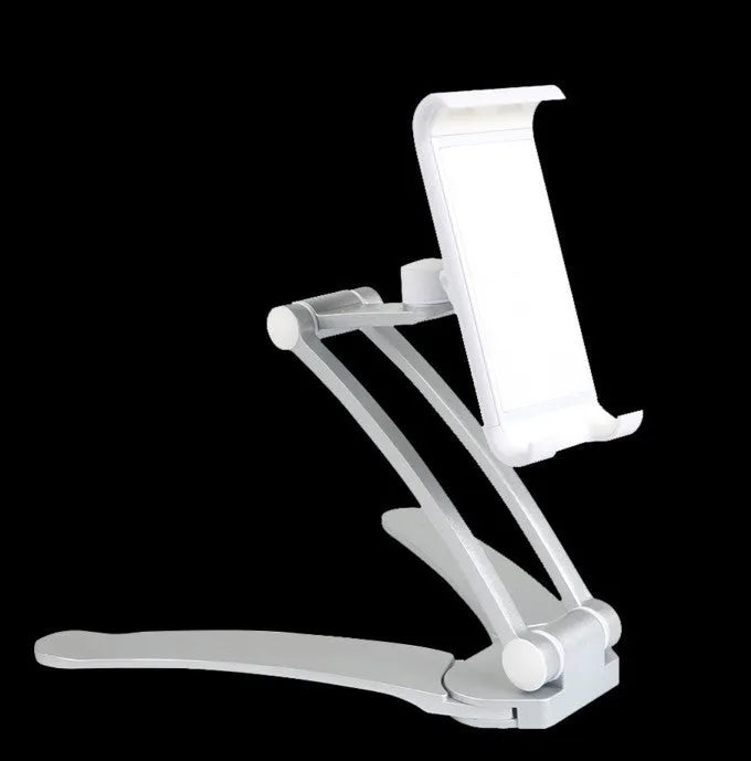 Silver aluminum alloy adjustable tablet stand holding a tablet with 360-degree rotation capability