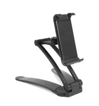Silver aluminum alloy adjustable tablet stand holding a tablet with 360-degree rotation capability