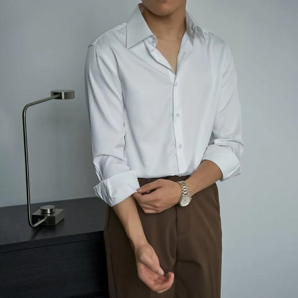 Korean style men's slim fit autumn shirt in black with Japanese retro design and long sleeves