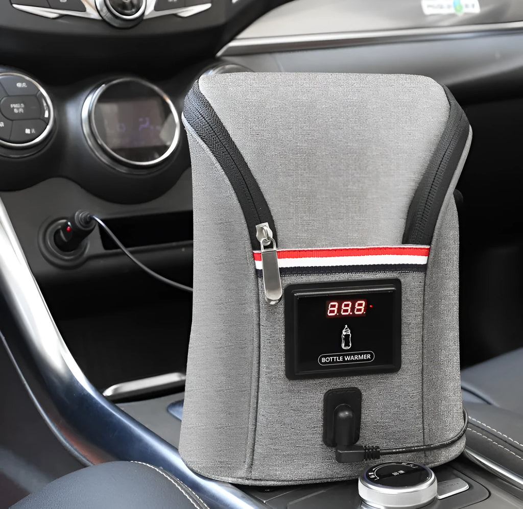 Grey Oxford cloth portable car USB baby bottle warmer showing dual-bottle capacity and electronic temperature display