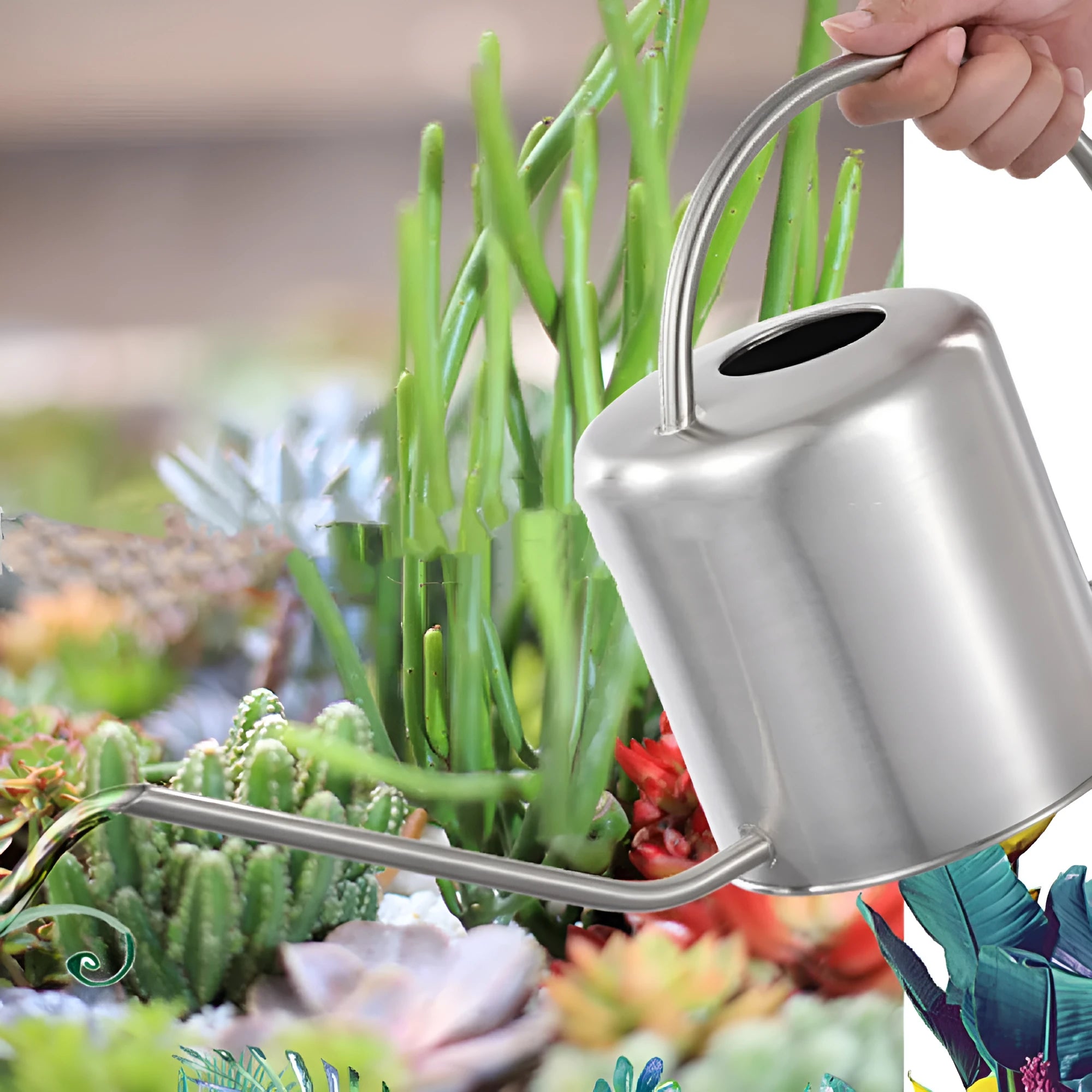 Stainless steel watering can with long spout, 2-litre capacity, shown in black, gold, and silver finishes.