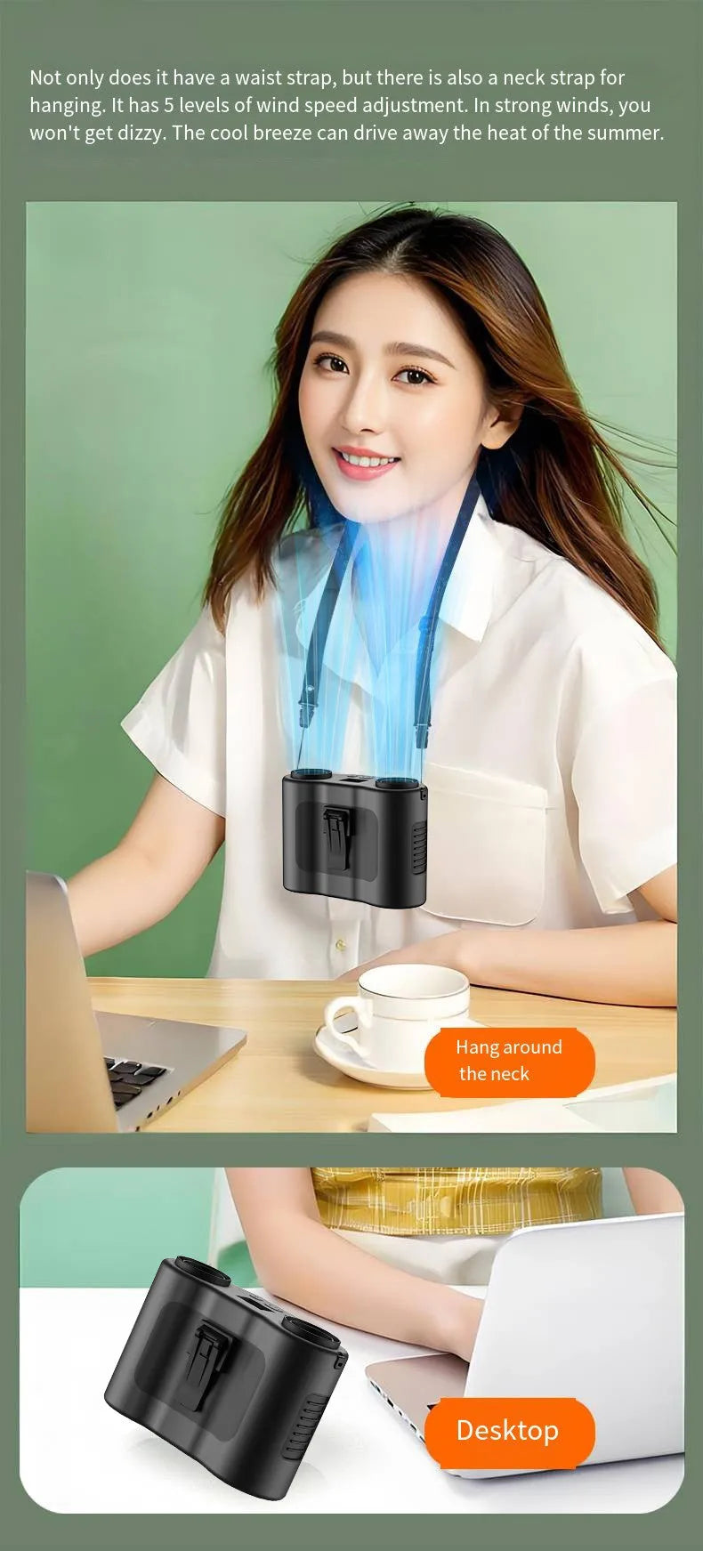 Grey portable waist-hung personal cooling fan with lanyard and waist buckle for outdoor use