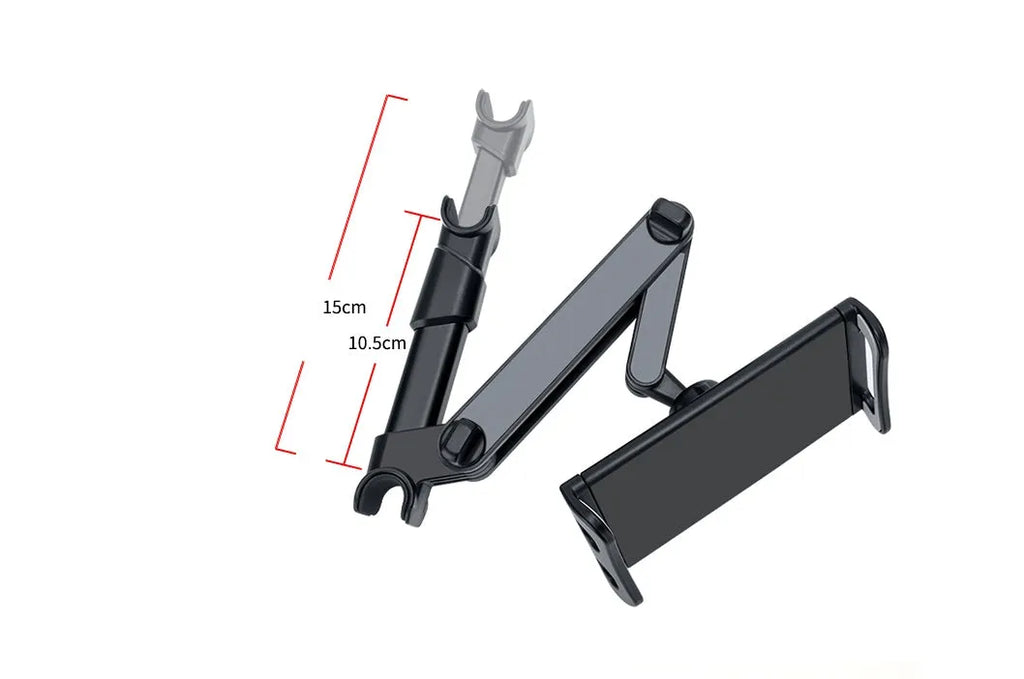 Black universal car phone and tablet holder with adjustable arm mounted on a rear seat base.
