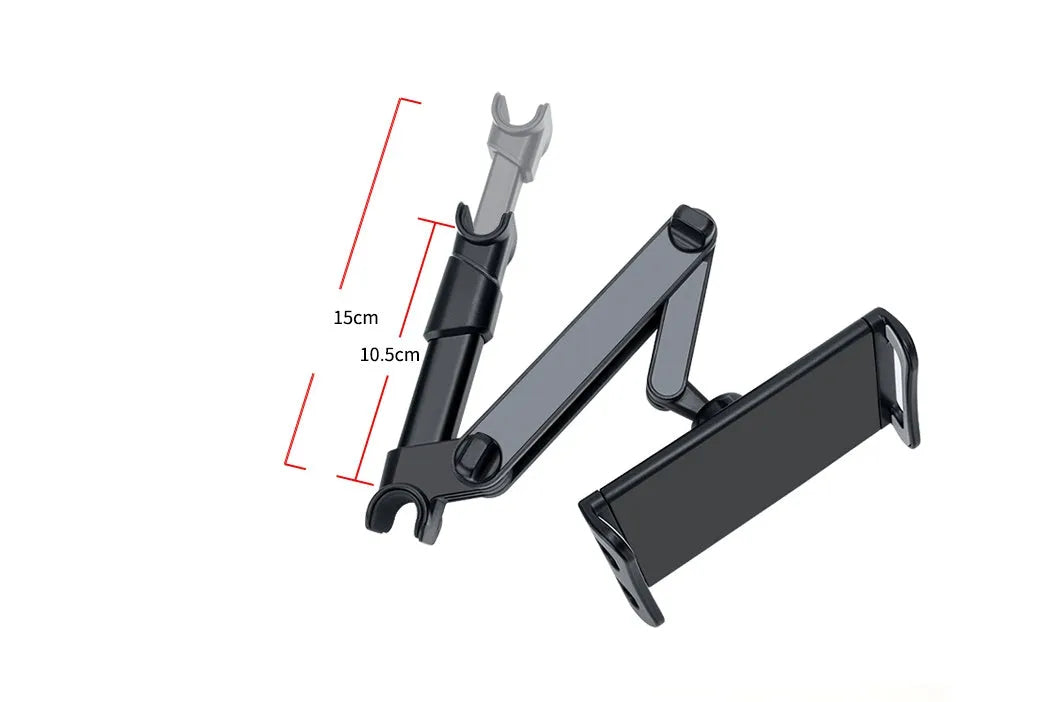 Black universal car phone and tablet holder with adjustable arm mounted on a rear seat base.