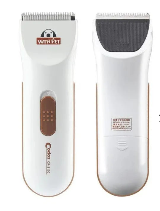 White cordless electric pet hair clipper with ceramic blade for dog and cat grooming.