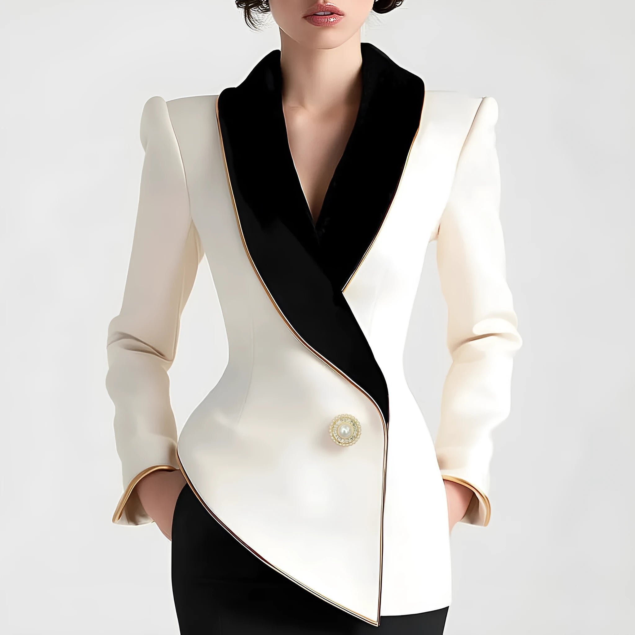 Women's beige irregular long sleeve coat with golden pearl buttons