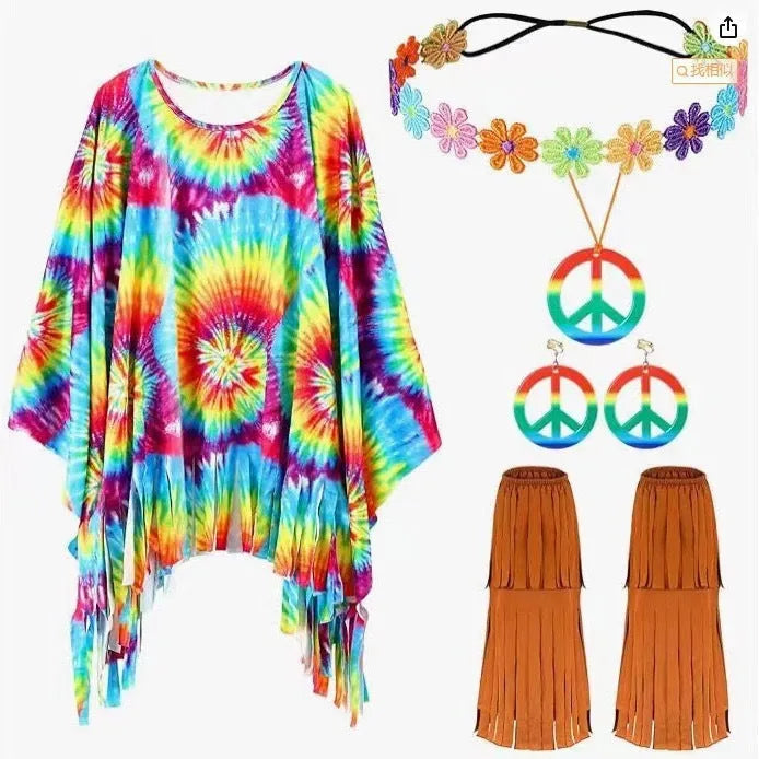 Colourful tie dye cloak costume with bell sleeves and sleeveless design in spandex material