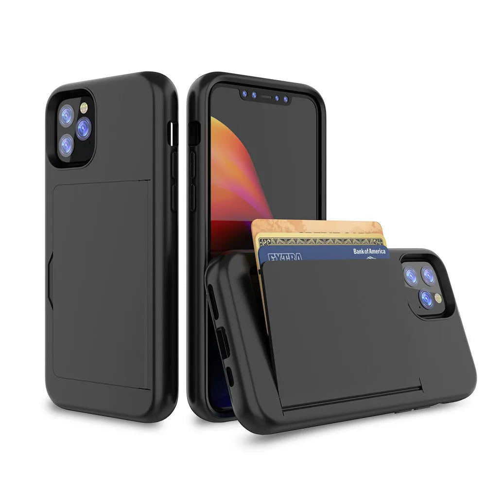 Simple solid-colour TPU and PC phone case for iPhone 11, shown in black, red, pink, dark blue, blue and purple.