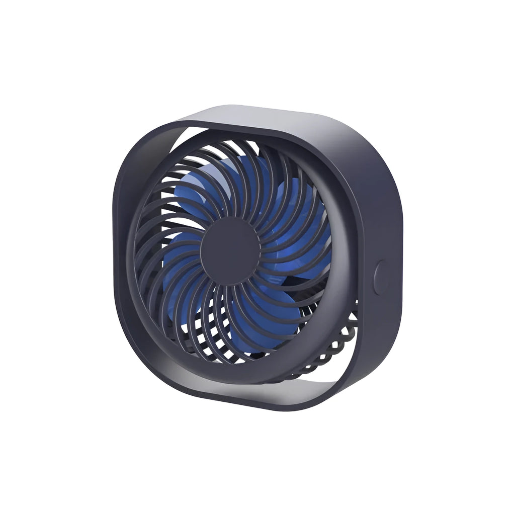 USB desk fan with alarm clock showing 360-degree rotation, in blue colour.