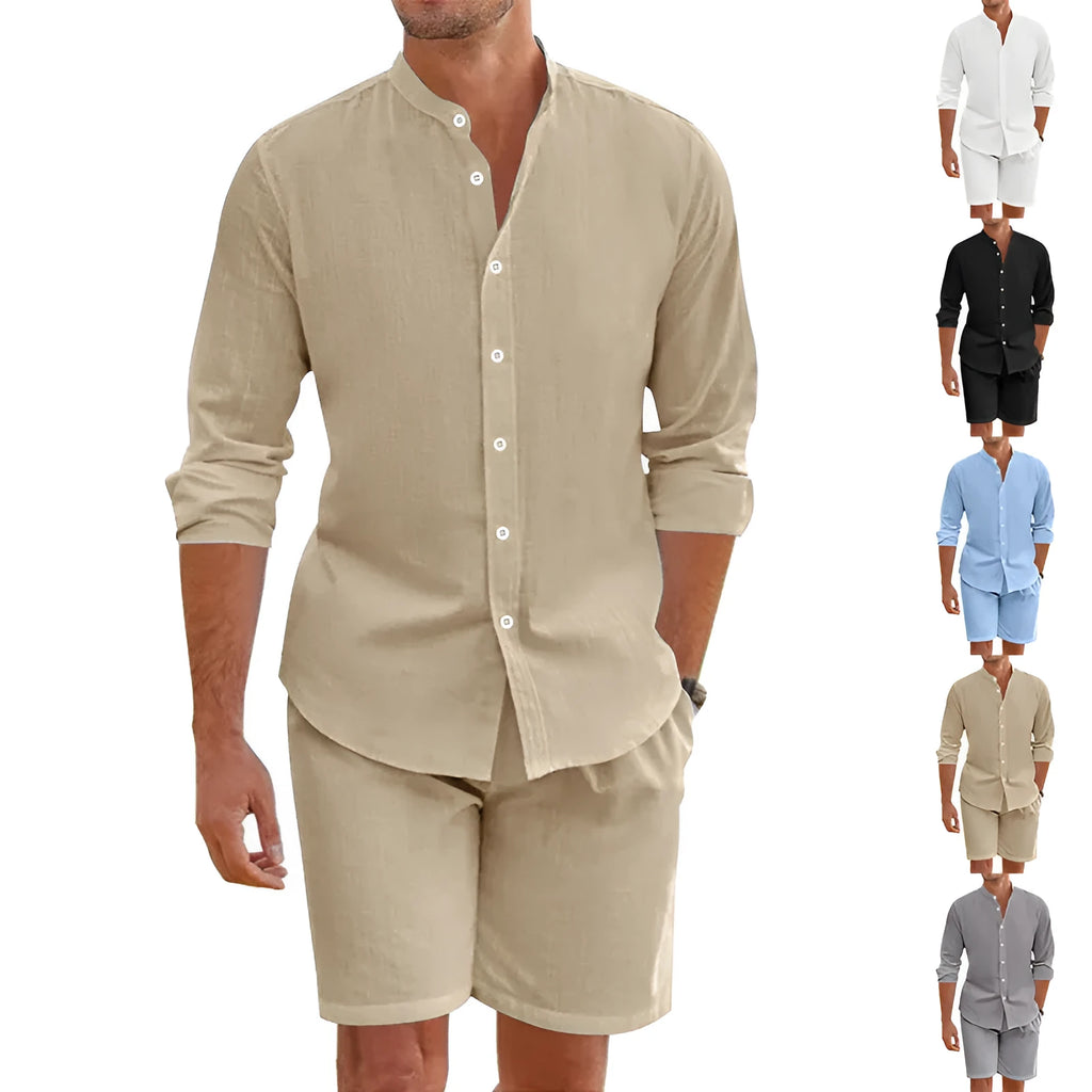 Men's linen blend summer shirt suit set with button-down top and drawstring shorts in multiple colour options